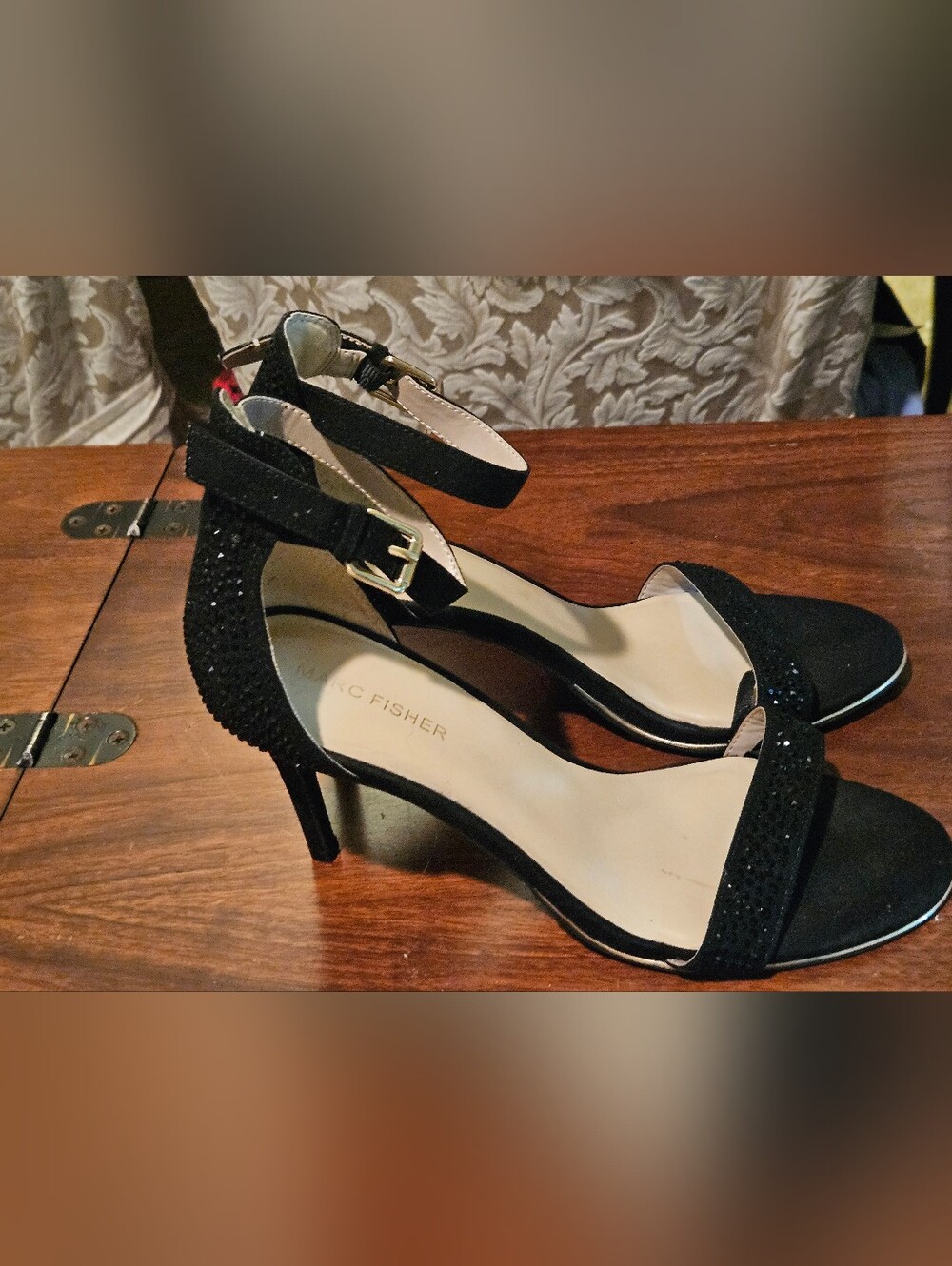 Marc Fisher Black Suede Rhinestone Ankle Strap Heels – Size 9.5M
